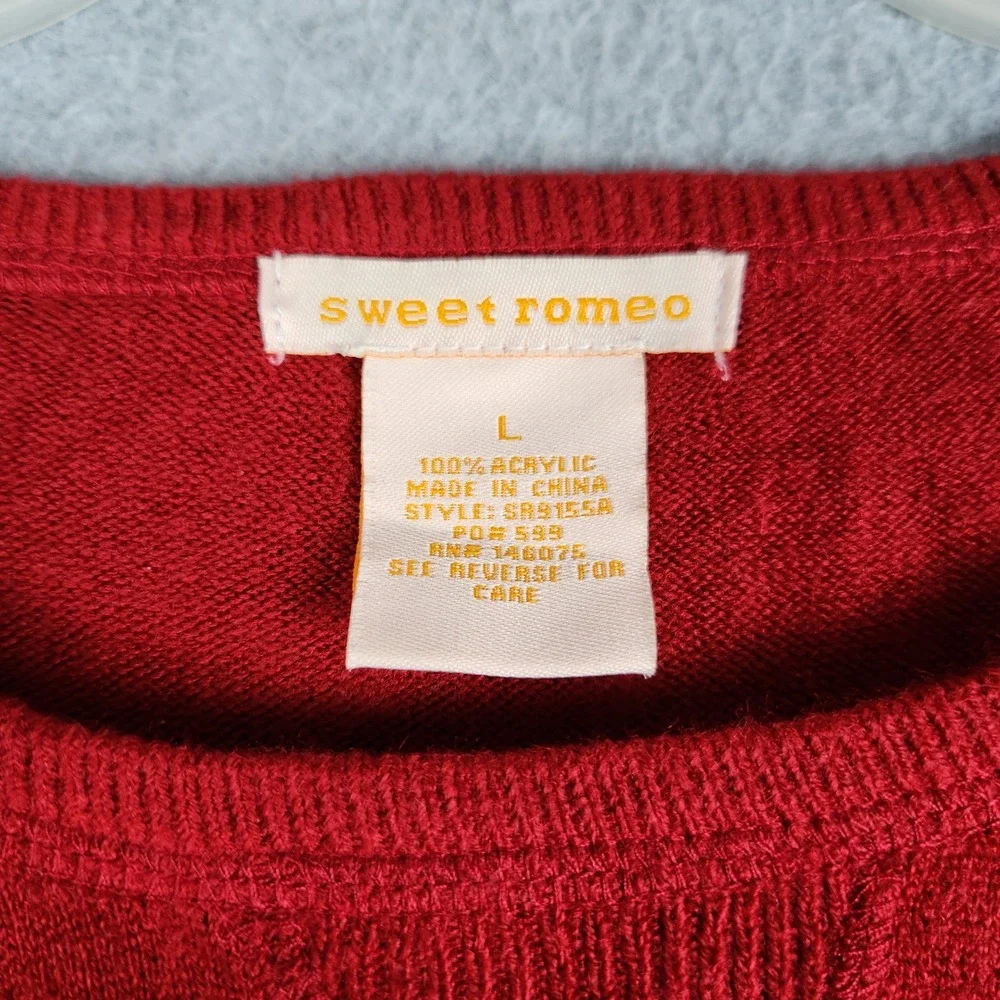 Sweet Romeo Sweater Womens‎ Large Red Tight Knit Crewneck Curved Hem Pullover
